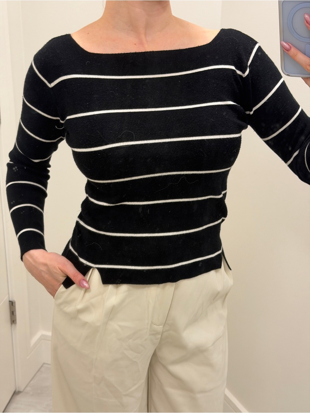 Black and White Striped Boatneck Sweater